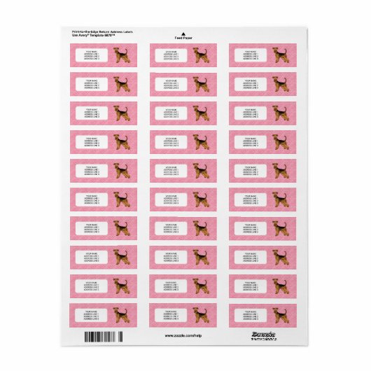 ピンクのハートと文字を持つアイレデールテリア犬 ラベル (フルシート)