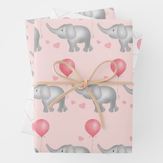 ピンクのハートと水彩象ギフト ラッピングペーパーシート (インサイチュ)