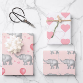 ピンクのハートと水彩象ギフト ラッピングペーパーシート