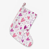 ピンクのハートと水玉模様:ロマンチックな喜び。 スモールクリスマスストッキング (正面 (吊り時))