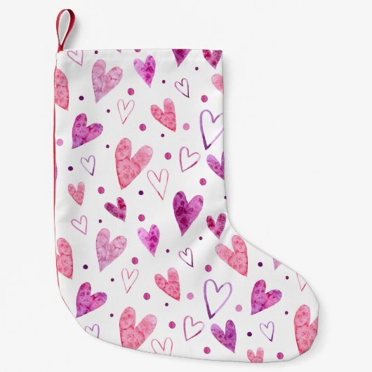 ピンクのハートと水玉模様:ロマンチックな喜び。 スモールクリスマスストッキング (正面)