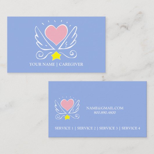 ピンクのハートと翼の介護者の青 名刺 (正面/裏面)