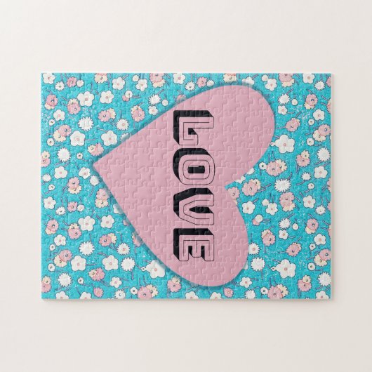 ピンクのハートと花の愛パズル ジグソーパズル (横)