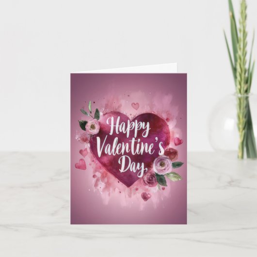 ピンクのハートと花バレンタインの挨拶 カード (正面)