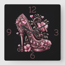 ピンクのハートと花 スクエア壁時計