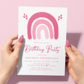 ピンクのハートと虹の誕生日パーティー 招待状