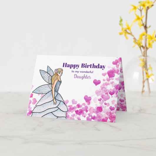 ピンクのハートと誕生日妖精の娘のために カード (黄色い花)