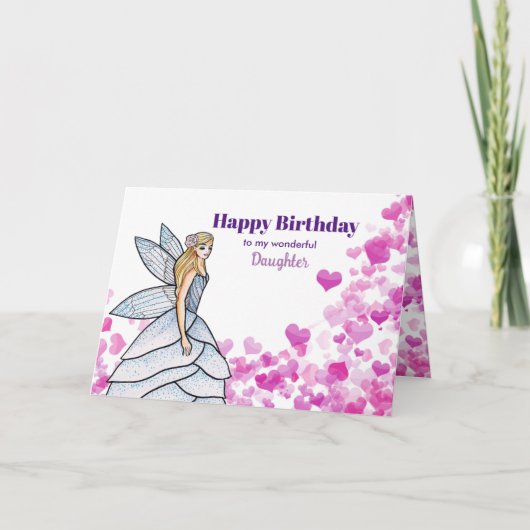 ピンクのハートと誕生日妖精の娘のために カード (正面)