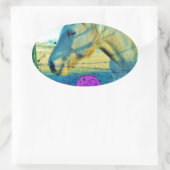 ピンクのハートと黄色の馬 楕円形シール (バッグ)