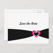 ピンクのハートと黒いリボン日付を保存 案内ポストカード (正面/裏面)