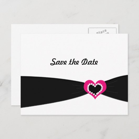 ピンクのハートと黒いリボン日付を保存 案内ポストカード (正面/裏面)