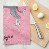 ピンクのハートに青イタリアンと白のグレイハウンド キッチンタオル (四つ折り)