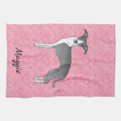 ピンクのハートに青イタリアンと白のグレイハウンド キッチンタオル (横)