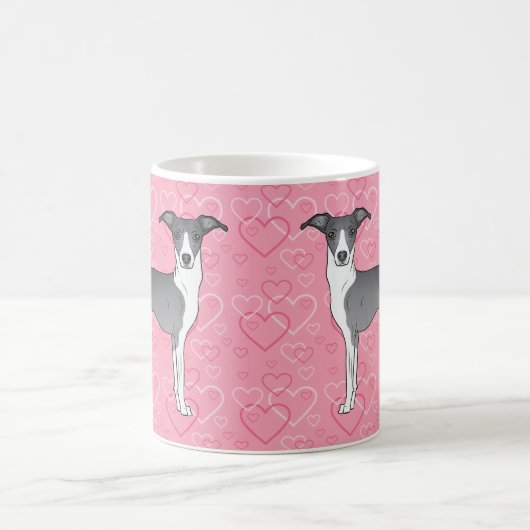 ピンクのハートに青イタリアンと白のグレイハウンド コーヒーマグカップ (中央)