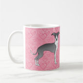 ピンクのハートに青イタリアンと白のグレイハウンド コーヒーマグカップ (左)