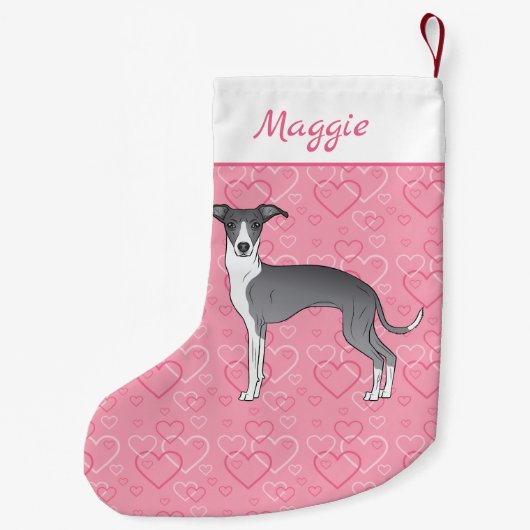 ピンクのハートに青イタリアンと白のグレイハウンド スモールクリスマスストッキング (裏面)
