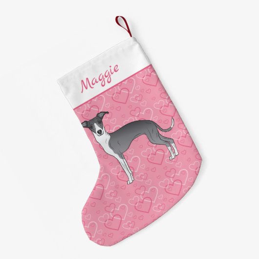 ピンクのハートに青イタリアンと白のグレイハウンド スモールクリスマスストッキング (裏面 (吊り時))