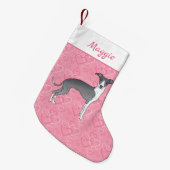 ピンクのハートに青イタリアンと白のグレイハウンド スモールクリスマスストッキング (正面 (吊り時))