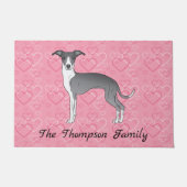 ピンクのハートに青イタリアンと白のグレイハウンド ドアマット (正面)