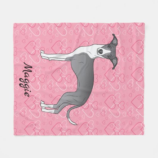 ピンクのハートに青イタリアンと白のグレイハウンド フリースブランケット (正面(横))