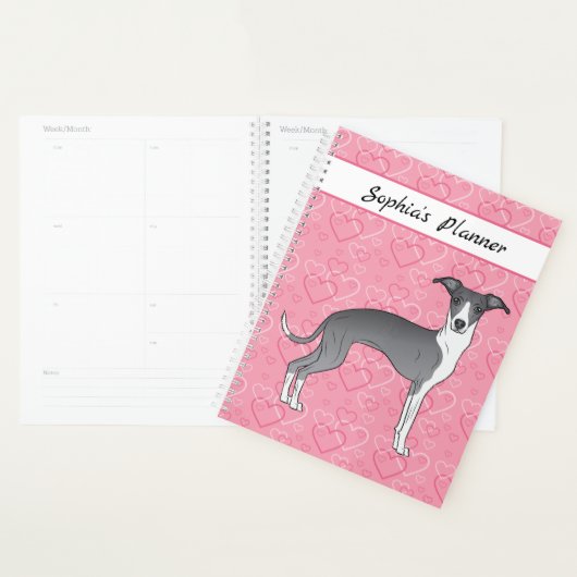 ピンクのハートに青イタリアンと白のグレイハウンド プランナー手帳 (ディスプレー)