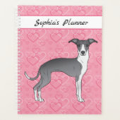 ピンクのハートに青イタリアンと白のグレイハウンド プランナー手帳 (正面)