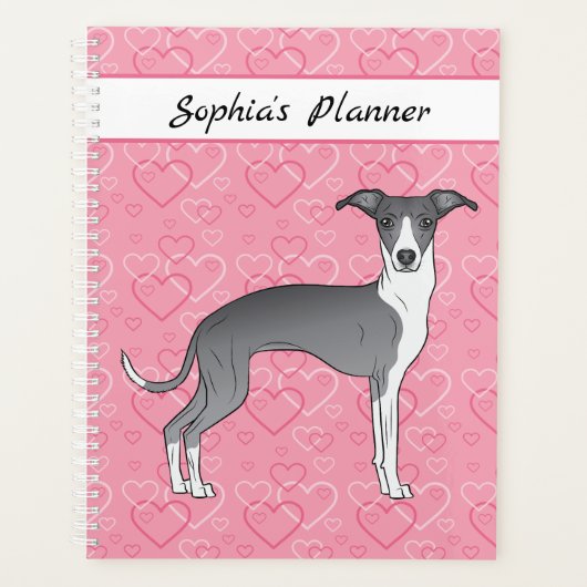 ピンクのハートに青イタリアンと白のグレイハウンド プランナー手帳 (正面)