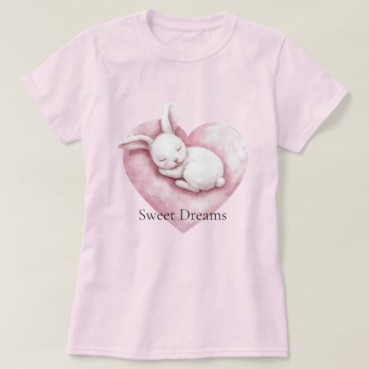 ピンクのハートのうさぎのクッション Tシャツ (デザイン正面)