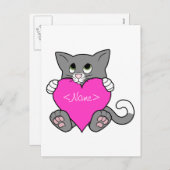 ピンクのハートのバレンタインデーの灰色猫 シーズンポストカード (正面/裏面)