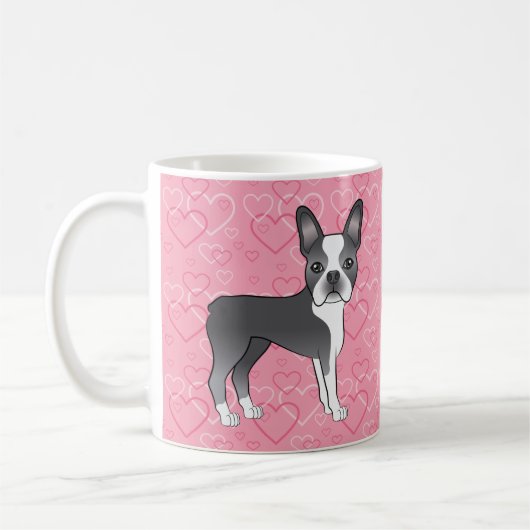 ピンクのハートのボストンテリア犬 コーヒーマグカップ (左)