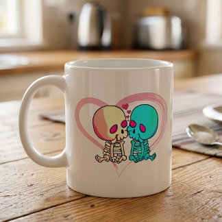 ピンクのハートの中でキスをするロマンチックなスケルトンのカップル コーヒーマグカップ