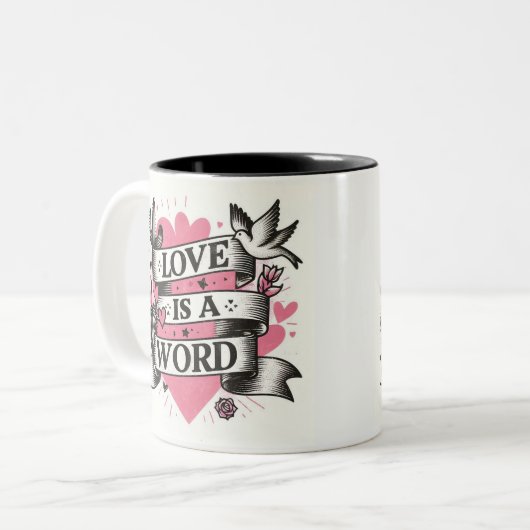 ピンクのハートの愛は単語の多肉性の鳩である ツートーンマグカップ (正面左)