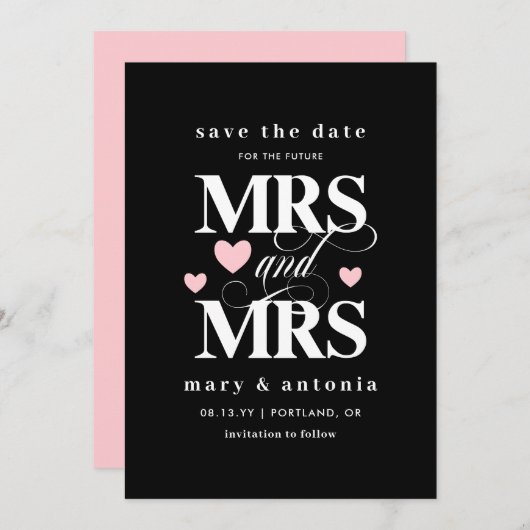 ピンクのハートの未来のMrs. & Mrs. レズビアン Save the Date セーブザデート (正面/裏面)