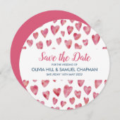 ピンクのハートの結婚式お知らせカード セーブザデート (正面/裏面)