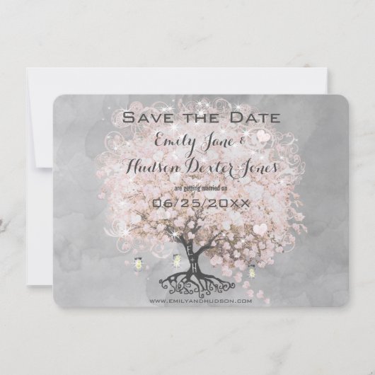 ピンクのハートの葉の木 Save the Date 招待状 (正面)