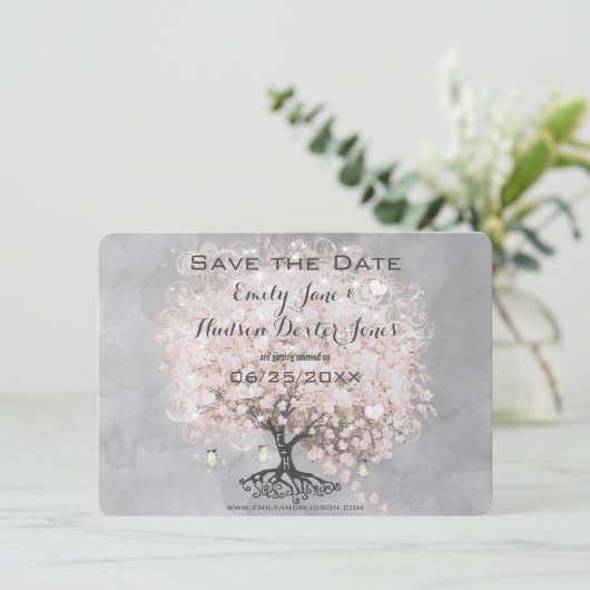 ピンクのハートの葉の木 Save the Date 招待状 (スタンド正面)
