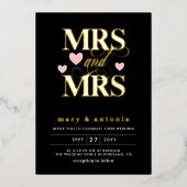 ピンクのハートの金ゴールドレズビアン夫人結婚の2の1の 箔招待状 (正面)