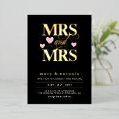 ピンクのハートの金ゴールドレズビアン夫人結婚の2の1の 箔招待状 (立ち正面)