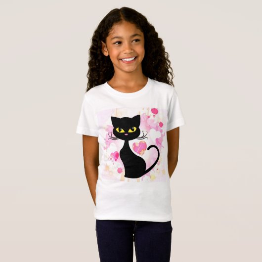 ピンクのハートのTシャツを持つ女の子の黒猫 Tシャツ (正面フル)