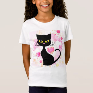 ピンクのハートのTシャツを持つ女の子の黒猫 Tシャツ