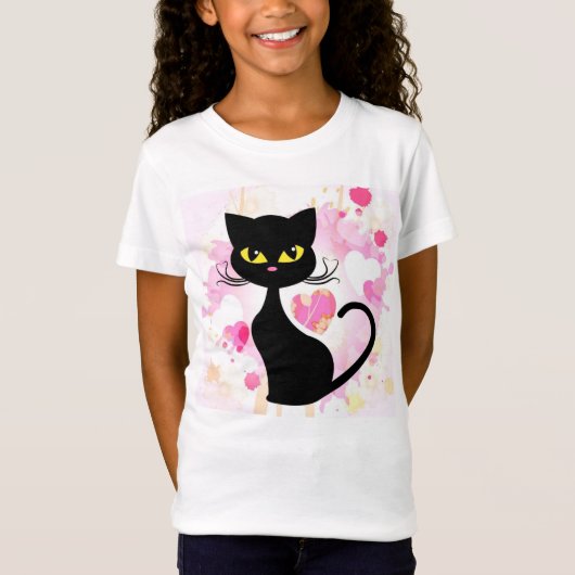 ピンクのハートのTシャツを持つ女の子の黒猫 Tシャツ (正面)