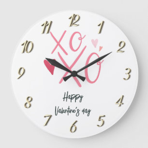 ピンクのハートのXOXOと"Happy Valentine's Day" ラージ壁時計