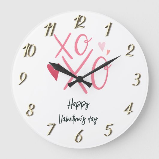 ピンクのハートのXOXOと"Happy Valentine's Day" ラージ壁時計 (正面)