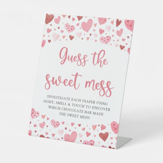 ピンクのハートは、甘い混乱の赤ちゃんシャワーゲームを推測 台座サイン (正面)