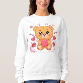 ピンクのハートを持つかわいいテディベアのTシャツ スウェットシャツ