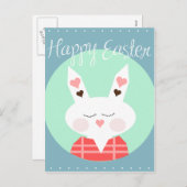 ピンクのハートを持つキュートな白いイースターバニー シーズンポストカード (正面/裏面)