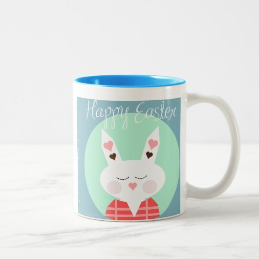 ピンクのハートを持つキュートな白いイースターバニー ツートーンマグカップ (右)