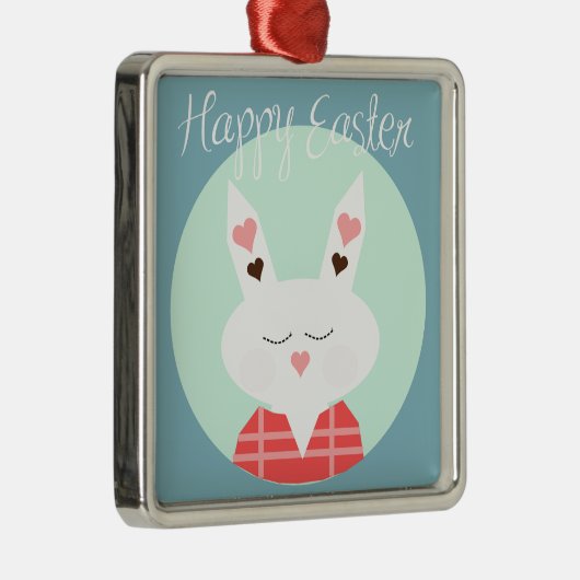 ピンクのハートを持つキュートな白いイースターバニー メタルオーナメント (右)