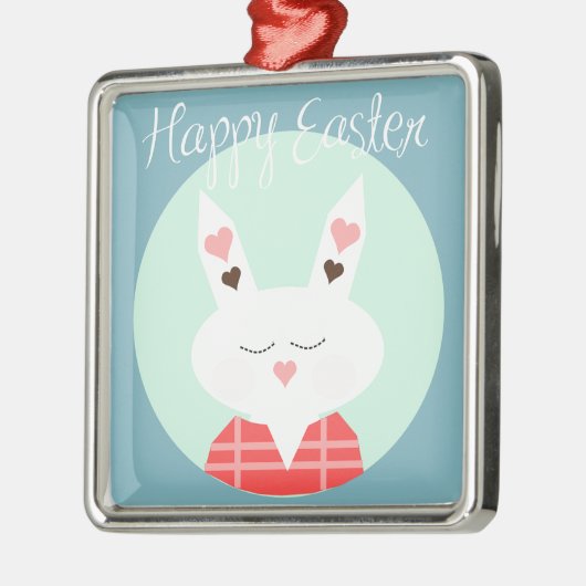 ピンクのハートを持つキュートな白いイースターバニー メタルオーナメント (左)