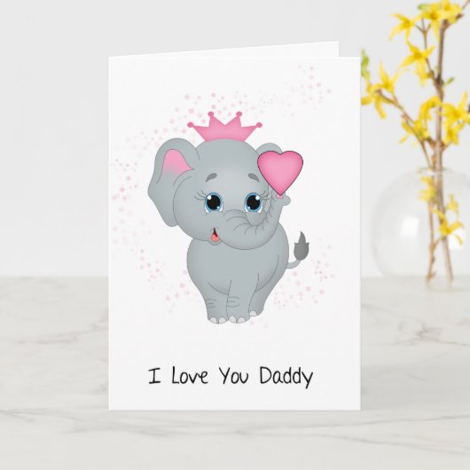 ピンクのハートを持つ小さな象のプリンセス カード (黄色い花)